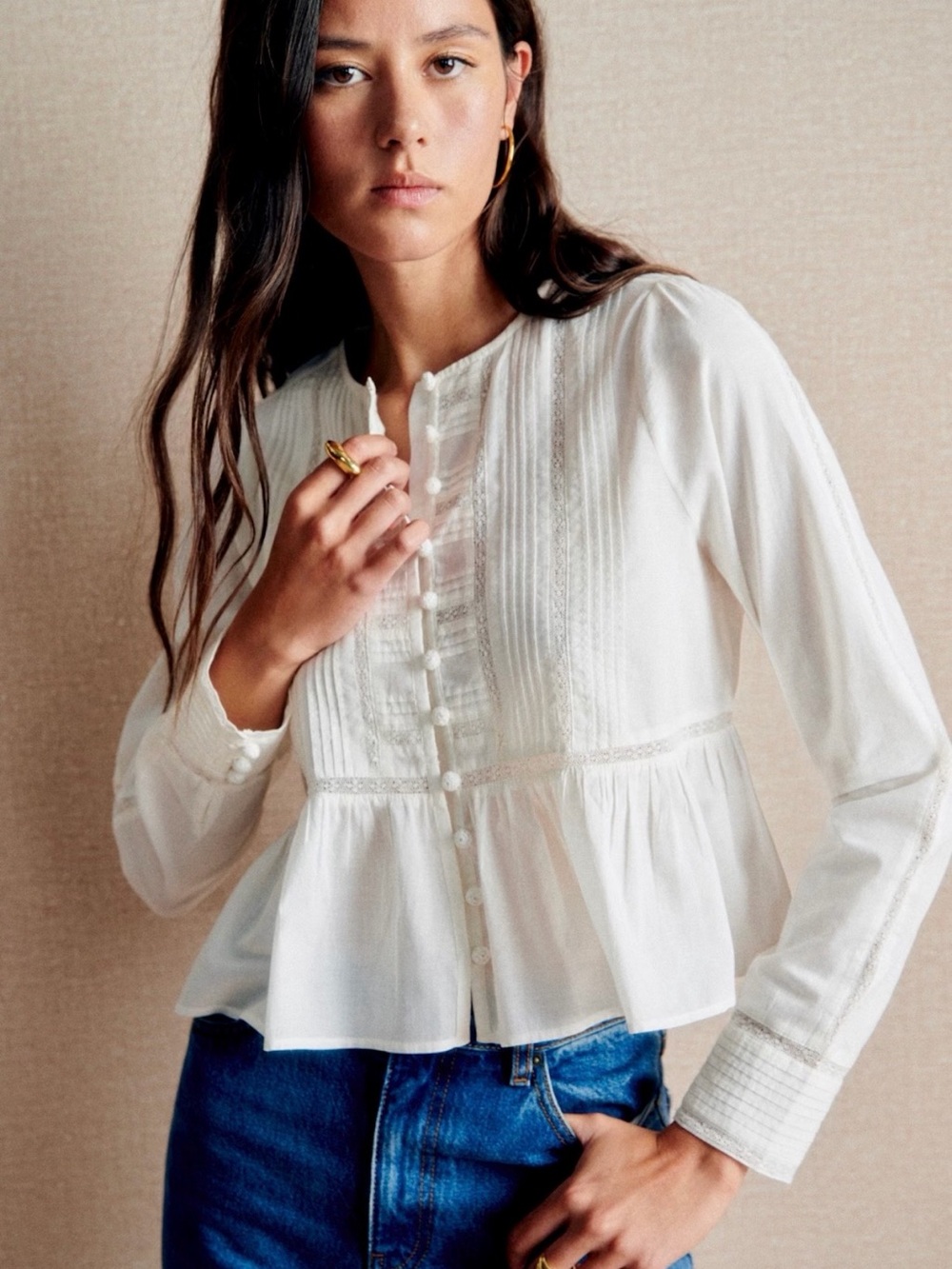 Sézane Charlina Ivory Button-Front Pintuck Peplum Blouse